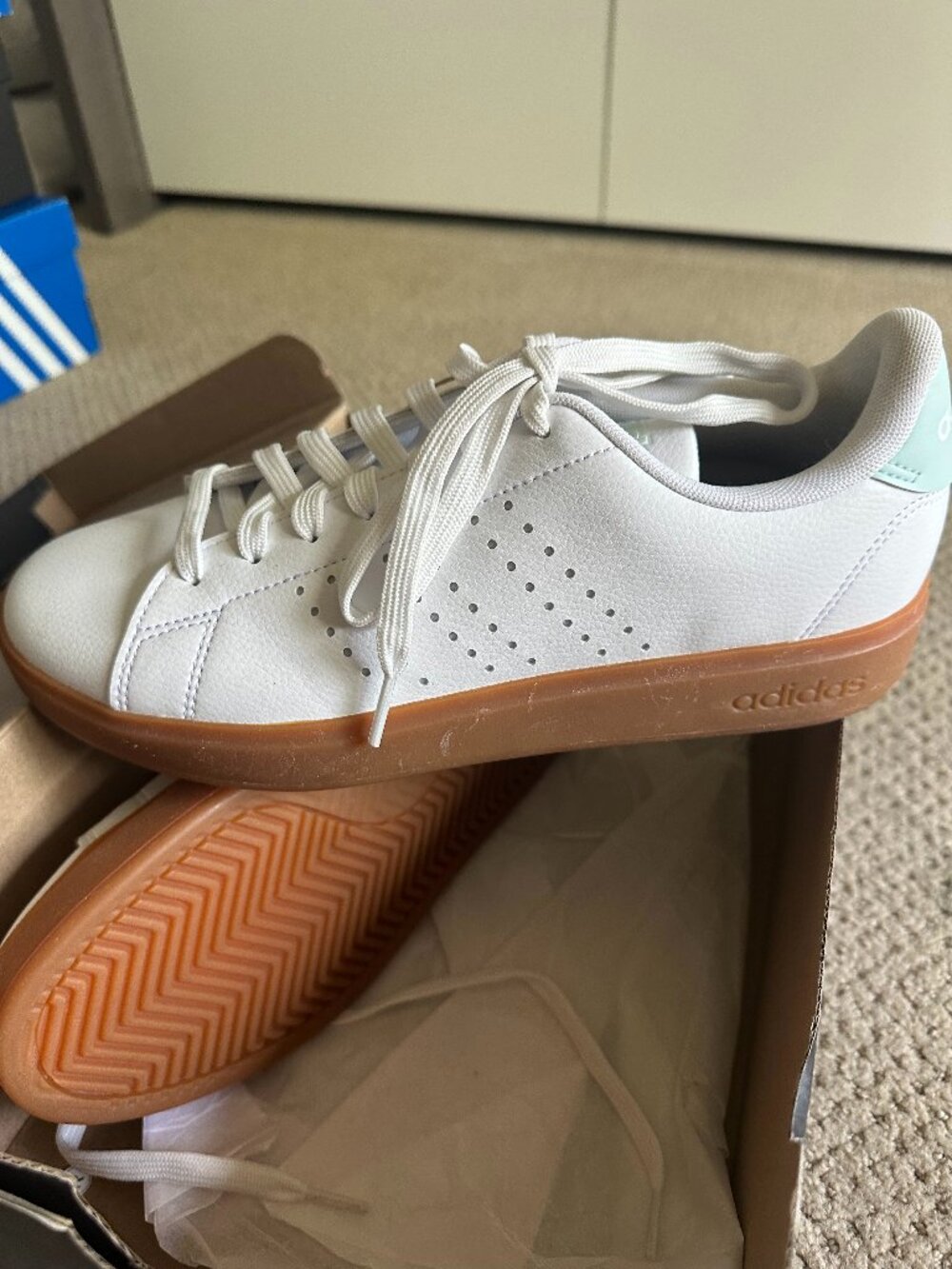 adidas White Low-Top Sneakers with Gum Sole and Mint Heel